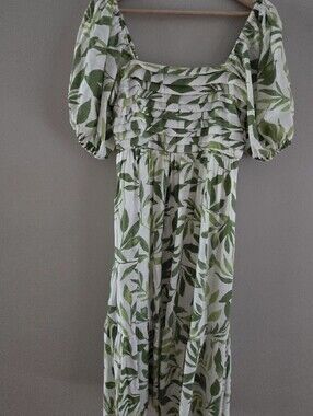 LC Lauren Conrad Smocked Midi Dress Botanical Leaf Pattern Lined Pockets